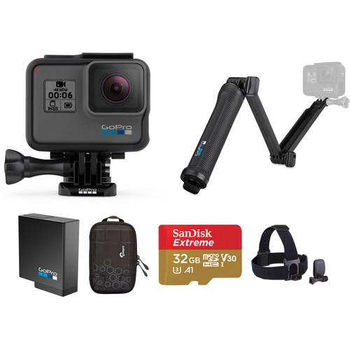 GoPro HERO6 Black Kit with Head Strap, Extra Battery, 3-Way, Zipper Case, and 32GB microSD Card