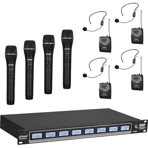 Pyle Pro PDWM8350 8-Channel UHF Wireless Microphone System with 4 Handheld Mics 4 Beltpacks 4 Headsets Mics 4 Lavalier Mics