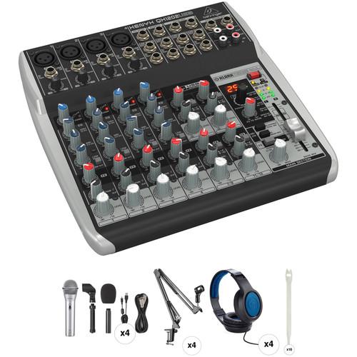 Behringer XENYX QX1202USB Podcasting Kit with 4 Samson Q2U Mic Packs, Stands, Headphones & Cables