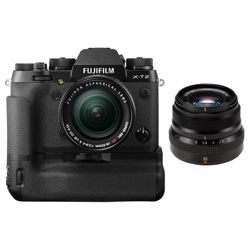 FUJIFILM X-T2 Mirrorless Digital Camera with 18-55mm and 35mm Lenses and Battery Grip Kit