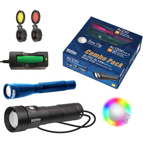 Bigblue Combo Pack: Blue AL250 & AL1200WP-II Dive Lights with Rainbow Clip