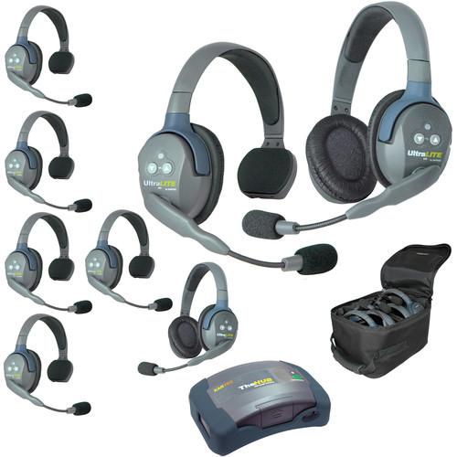 Eartec Ultralite Hub 8 Person System with 6 Single and 2 Double Headset, with Batteries, Charger and Case