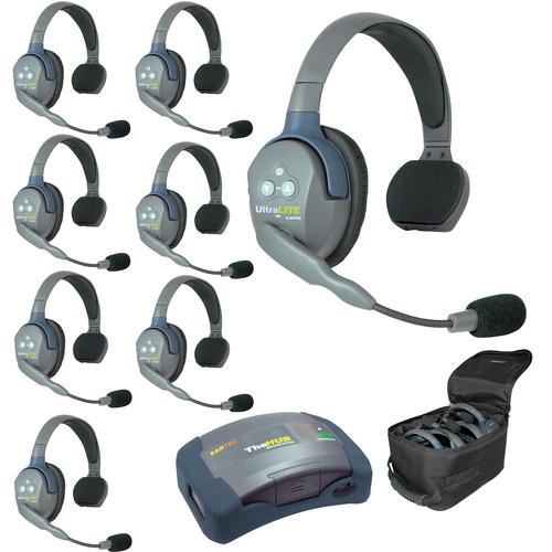 Eartec Ultralite Hub 8 Person System with 8 Single Headsets, and Batteries, Charger and Case