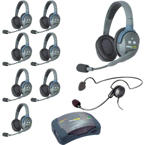 Eartec Ultralite Hub 9 Person System with 8 Double, 1 Cyber Headset, and Batteries, Charger and Case