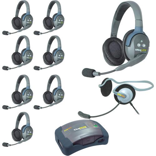 Eartec Ultralite Hub 9 Person System with 8 Double ,1 Monarch Headset, and Batteries, Charger and Case