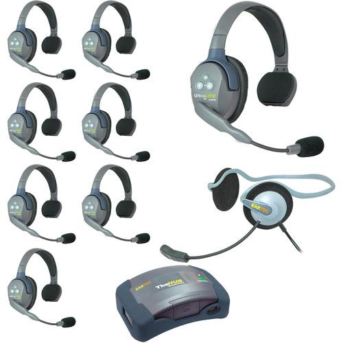 Eartec Ultralite Hub 9 Person System with 8 Single, 1 Monarch Headset, and Batteries, Charger and Case