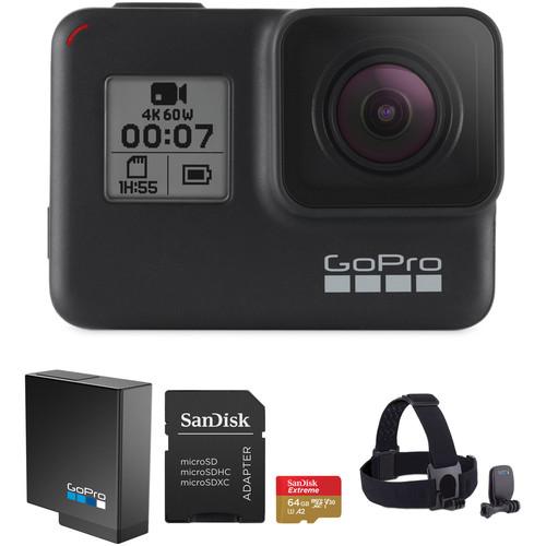 GoPro HERO7 Black Kit with Head Strap, 64GB Card, and Extra Battery