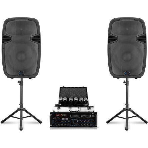Technical Pro Stage Series Bluetooth StagePack12 V2 PA with Mic Mixer Amplifier, 6 Microphones, 2 Speakers, and More
