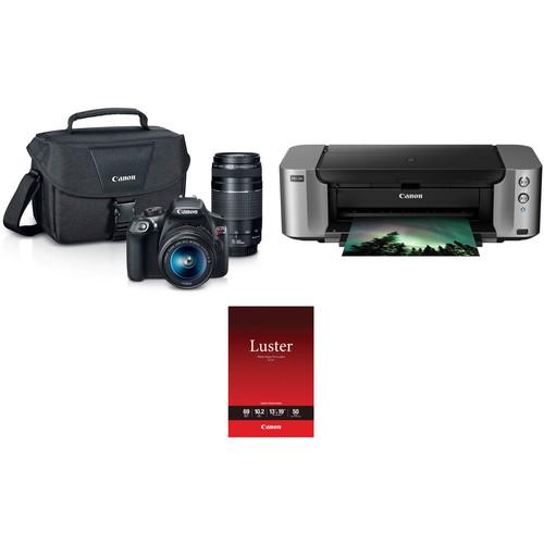 Canon EOS Rebel T6 DSLR Camera with 18-55mm and 75-300mm Lenses and Inkjet Printer Kit