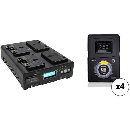 Core SWX Fleet Micro 3A Digital Quad Charger for Gold Mount Batteries Kit with Four HyperCore Gold 98Wh Batteries