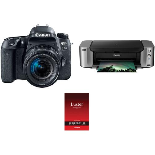 Canon EOS 77D DSLR Camera with 18-55mm Lens and Inkjet Printer Kit