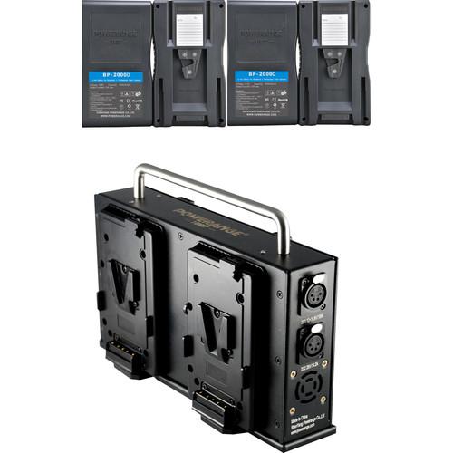 POWERANGE V-Mount Slim Portable Simultaneous Quad-Charger and 12 28VDC Power Station With 4-98Wh V-Mount Batteries