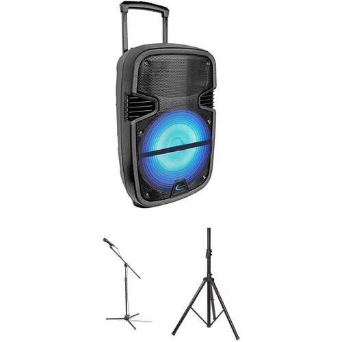 Technical Pro Rechargeable 12" LED Active Loudspeaker Kit with Microphone, Mic Stand, and Speaker Stand