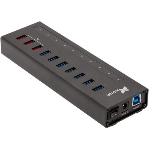 Xcellon 10-Port Powered USB 3.0 Slim Aluminum Hub with 3 Dual Data Charging Ports