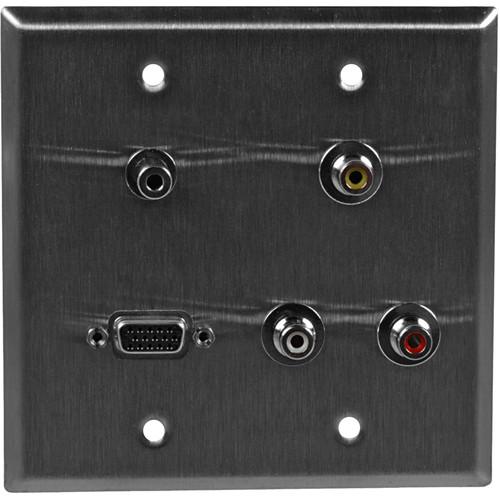TecNec WPL-2122-FT 2 Gang Wall Plate - HD-15 Barrel, Stereo Mini, 3 RCA Barrel, Silver Aluminum