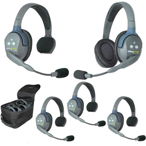 Eartec Ultralite 5 Person System with 4 Single, 1 Double Headsets, and Batteries, Charger and Case