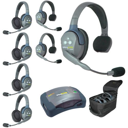Eartec Ultralite Hub 7 Person System with 3 Single and 4 Double Headsets, with Batteries, Charger and Case