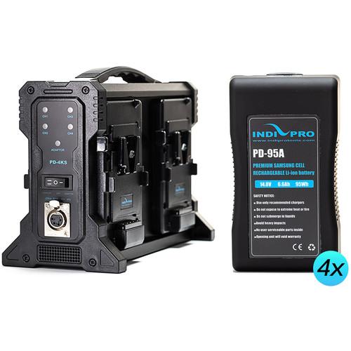 IndiPRO Tools Four Compact 95Wh V-Mount Li-Ion Batteries and Quad Pro V-Mount Battery Charger Kit