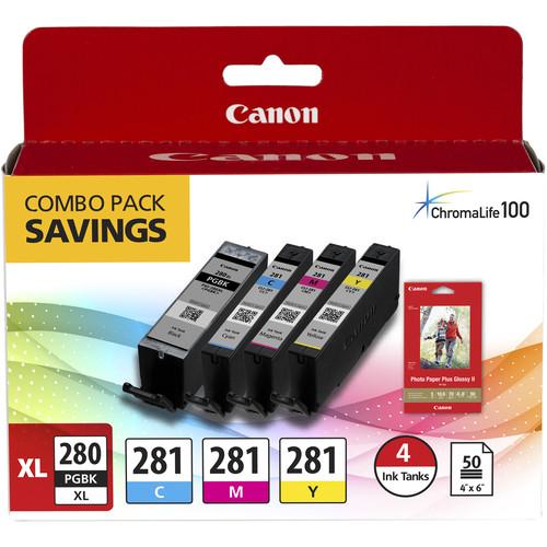 Canon PGI-280 XL CLI-281 4-Color Ink Tank Combo Pack with 4 x 6" Photo Paper