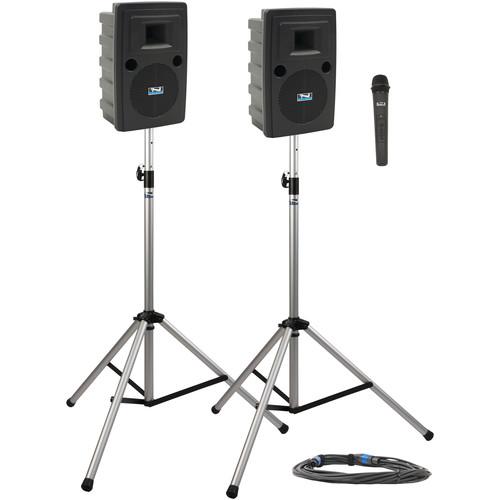 Anchor Audio LIB-DP1-H Liberty Deluxe Package 1 Portable Bluetooth PA System with Handheld Wireless Microphone Transmitter, Unpowered Companion Speaker, and Speaker Stands