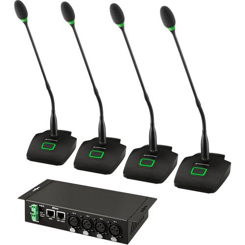 Sennheiser Dante-Kit MEG 14-40-L-II with SL DI 4 XLR Interface, Four MAT 153-S Table Stands, & Four MEG 14-40-L-II Gooseneck Microphones