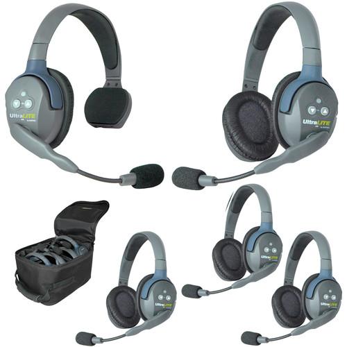 Eartec Ultralite 5 Person System with 1 Single, 4 Double Headsets, and Batteries, Charger and Case