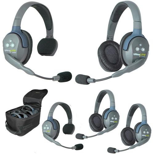 Eartec Ultralite 5 Person System with 2 Single, 3 Double Headsets, and Batteries, Charger and Case