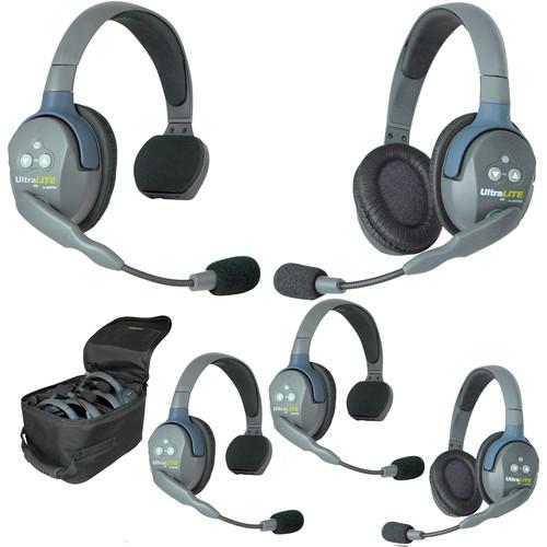 Eartec Ultralite 5 Person System with 3 Single, 2 Double Headsets,and Batteries, Charger and Case