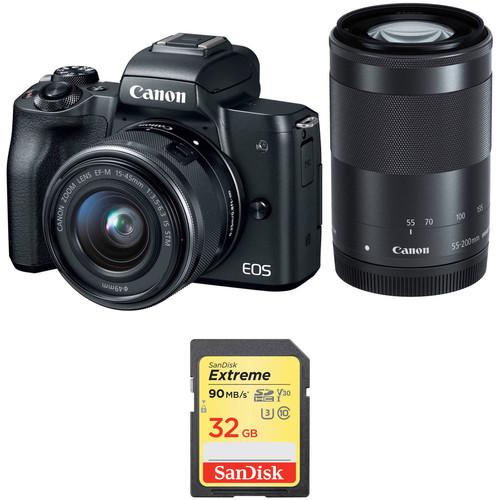 Canon EOS M50 with 15-45mm and 55-200mm Lenses and Memory Card Kit