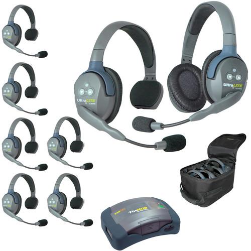 Eartec Ultralite Hub 8 Person System with 7 Single and 1 Double Headsets, with Batteries, Charger and Case