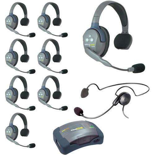 Eartec Ultralite Hub 9 Person System with 8 Single, 1 Cyber Headset, and Batteries, Charger and Case