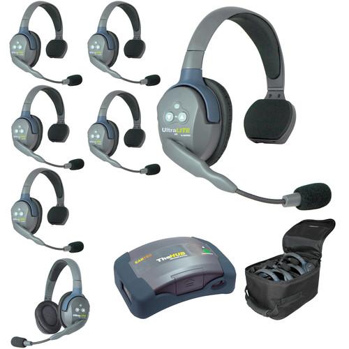 Eartec Ultralite Hub 7 Person System with 6 Single and 1 Double Headsets, with Batteries, Charger and Case