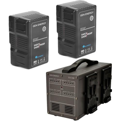 GEN ENERGY 2X 290Wh V-Mount Battery W G-C100 Four Channel Charger, 16.8V 6A