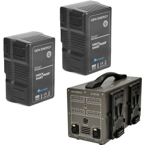 GEN ENERGY 2X 290Wh V-Mount Battery W G-CB100 Four Channel Charger, 16.8V 6A