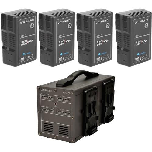 GEN ENERGY 4X 195Wh V-Mount Battery W G-C100 Four Channel Charger, 16.8V 6A