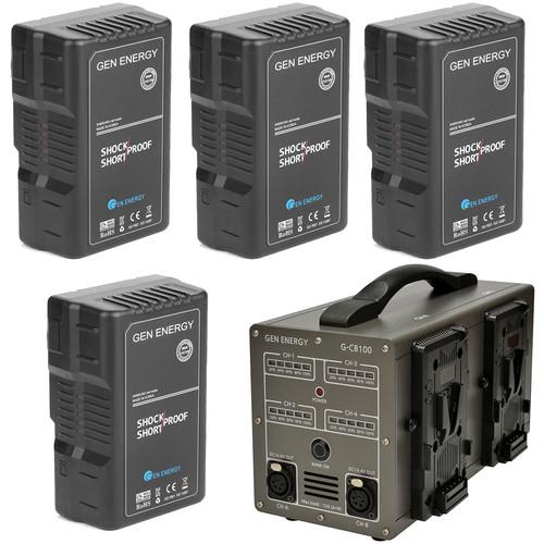 GEN ENERGY 4X 195Wh V-Mount Battery W G-CB100 Four Channel Charger, 16.8V 6A