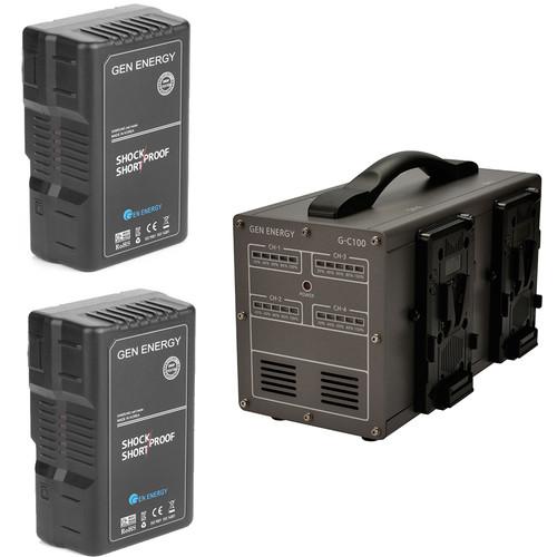 GEN ENERGY 2X 195Wh V-Mount Battery W G-C100 Four Channel Charger, 16.8V 6A