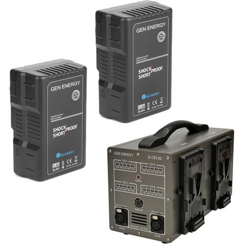 GEN ENERGY 2X 195Wh V-Mount Battery W G-CB100 Four Channel Charger, 16.8V 6A