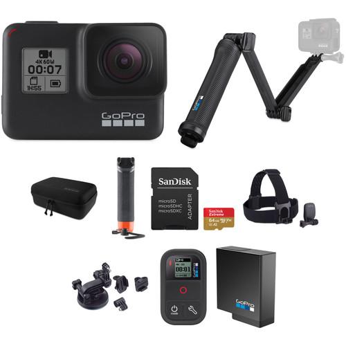 GoPro HERO7 Black Kit with 3-Way Grip, Head Strap, 64GB Card, and Case