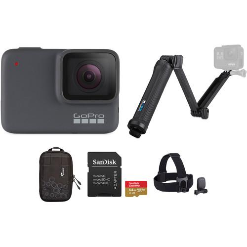 GoPro HERO7 Silver with 3-Way Grip, Head Strap, 32GB Card, and Case Kit