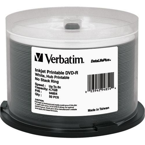Verbatim DVD-R 4.7GB 8X DataLifePlus White Inkjet Printable, Hub Printable 50 Pack Spindle