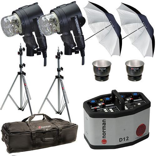 Norman D12 Pack, 2- IL2500 Head Reflector, Stands, Umbrellas, Case Kit