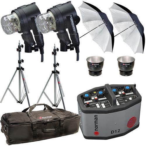 Norman D12R Pack, 2- IL2500 Head Reflector, Stands, Umbrellas, Case Kit