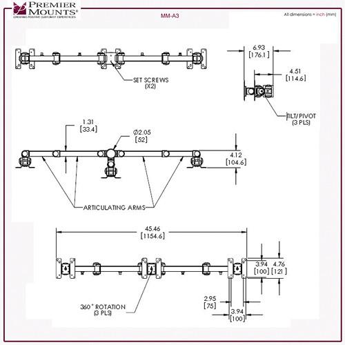Premier Mounts MM-AC429 3 Triple Display Articulating Arms on 42" Pole