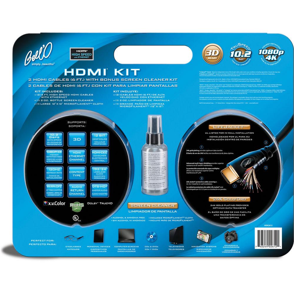 Bell'O Pair of 6' HDMI Cables and Screen Cleaner Kit, Bell'O, Pair, of, 6', HDMI, Cables, Screen, Cleaner, Kit