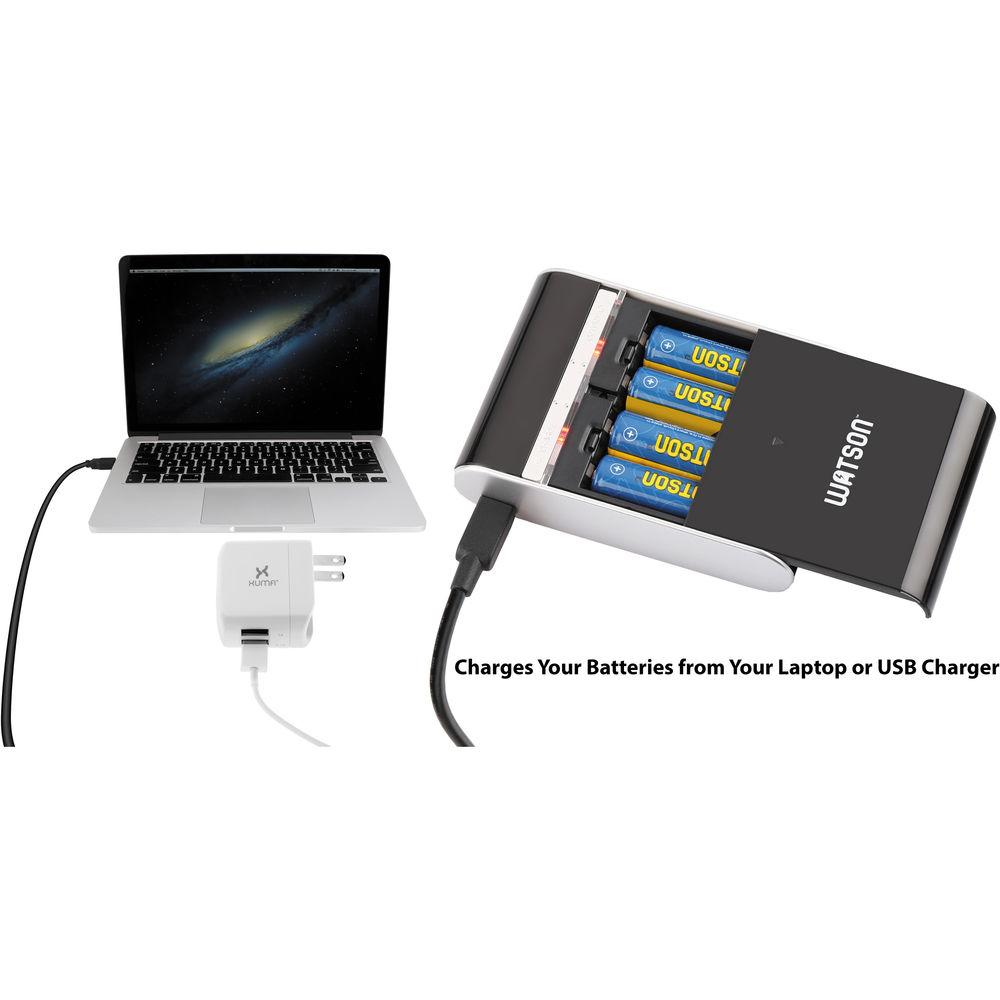 Watson 4-Bay USB Charger and Portable Power Pack for AA and AAA NiMH Batteries