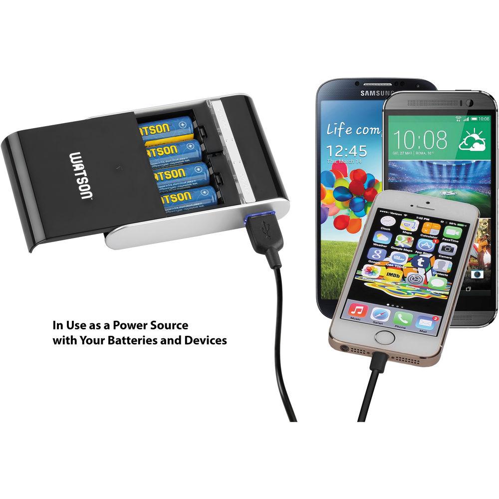 Watson 4-Bay USB Charger and Portable Power Pack for AA and AAA NiMH Batteries