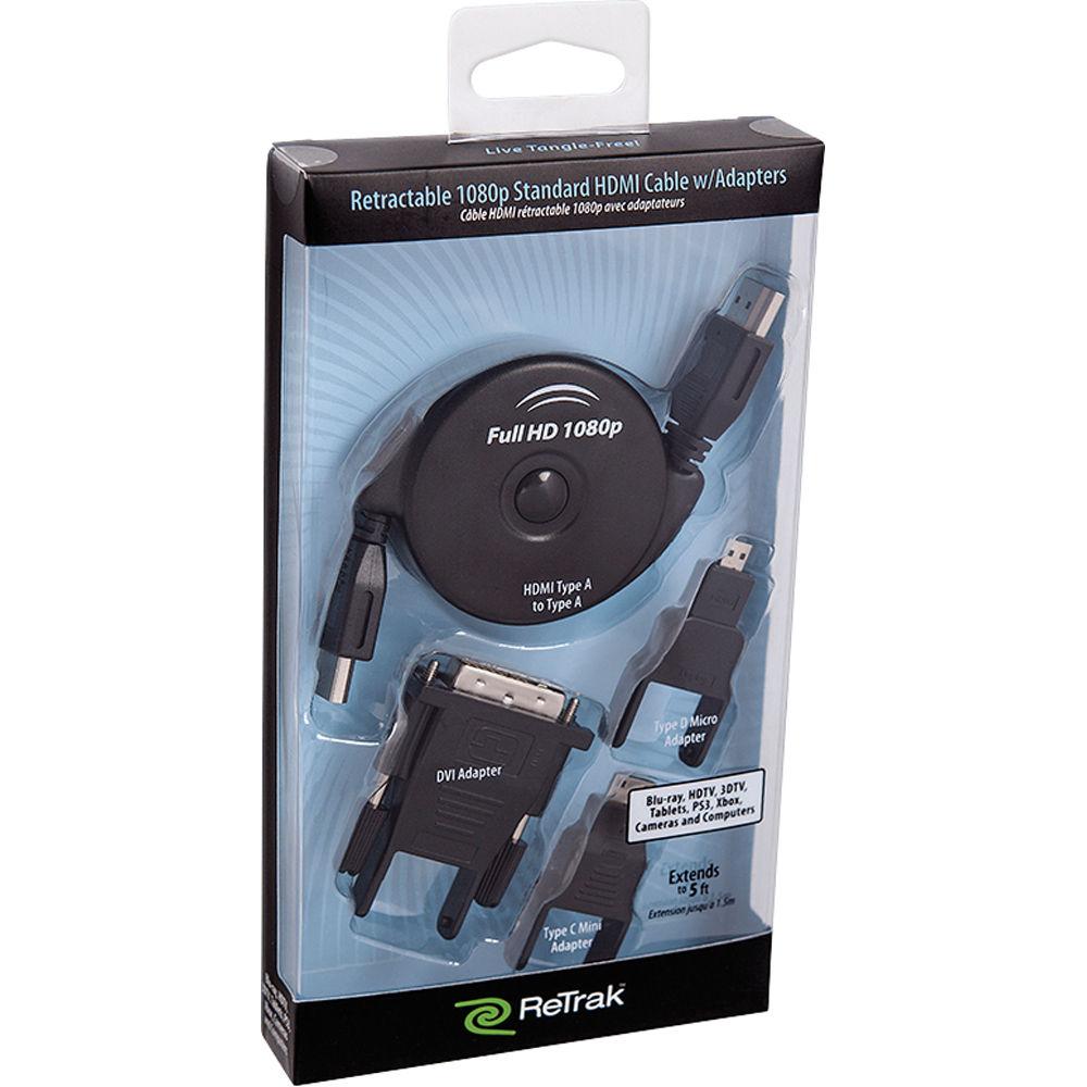 ReTrak Retractable Standard HDMI Cable with Mini & Micro HDMI, DVI Adapters