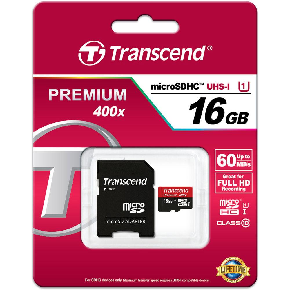 Transcend 16GB Premium microSDHC UHS-I Memory Card with SD Adapter
