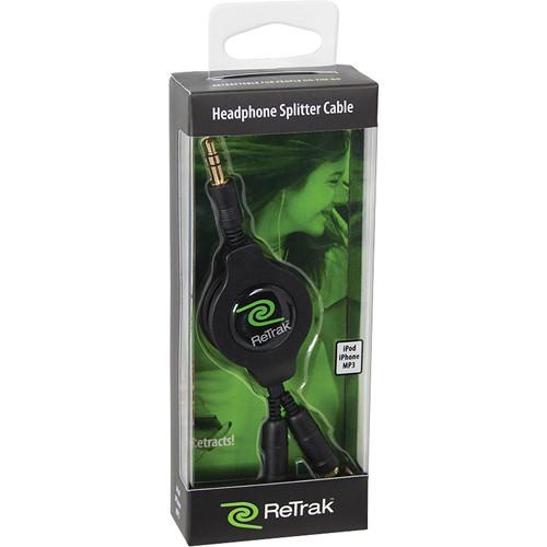 ReTrak ETCABLESPLBK Retractable Black Headphone Splitter, ReTrak, ETCABLESPLBK, Retractable, Black, Headphone, Splitter